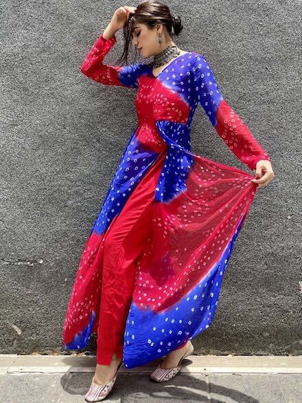 Bandhani Printed High Slit Silk Chiffon Kurta with Trousers by Thread & Button