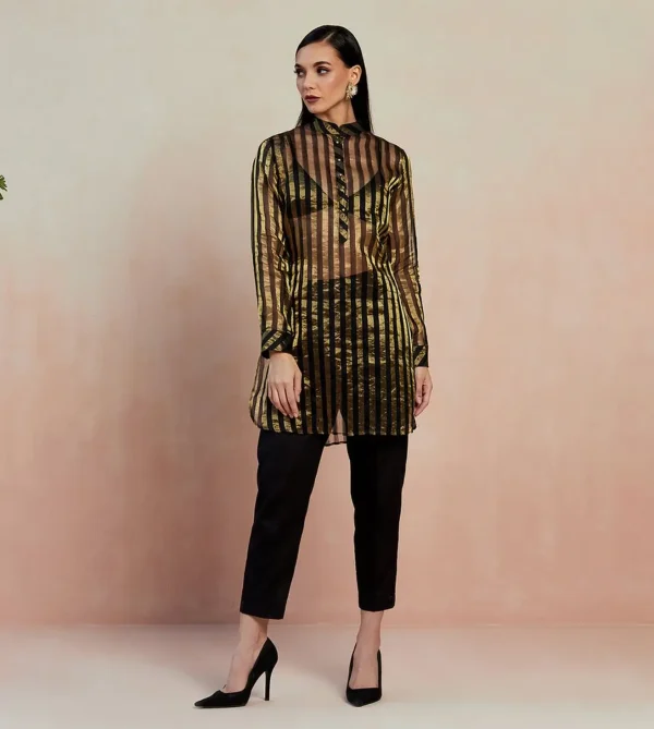 Black & Gold Rhea Banarasi Tunic With Pant by Seven DC