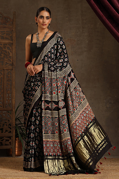 Block Printed Ajrakh Art Modal Tissue Saree, Jahangir Khatri