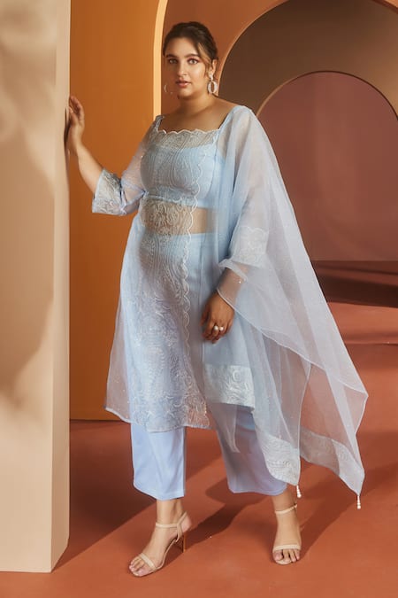 Blue Organza Machine Square Barkha Kurta Pant Set (with padded cami top) by Saanjh by Lea