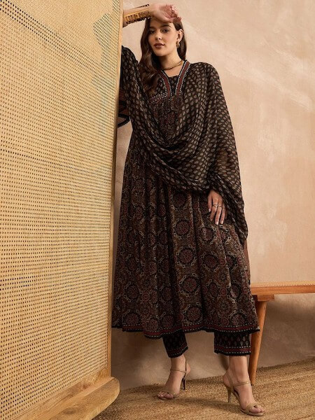 Brown Floral Printed Pleated Pure Cotton Kurta with Trouser & Dupatta by All About You