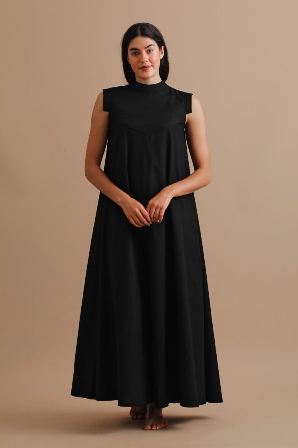 Cotton Flax, Closed Neck Full-Length Dress with Dropped Geometric Sleeves in Black, Zelda