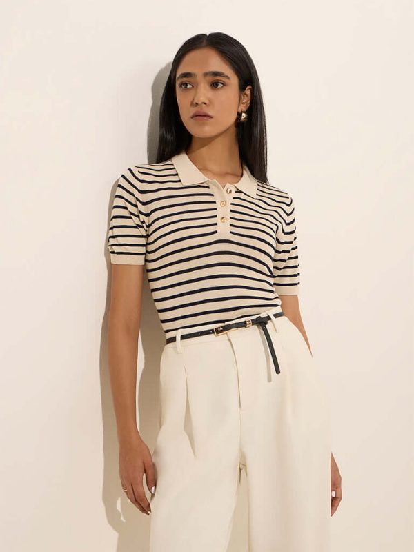 Ivory Striped Cotton Polo Top by Wardrobe