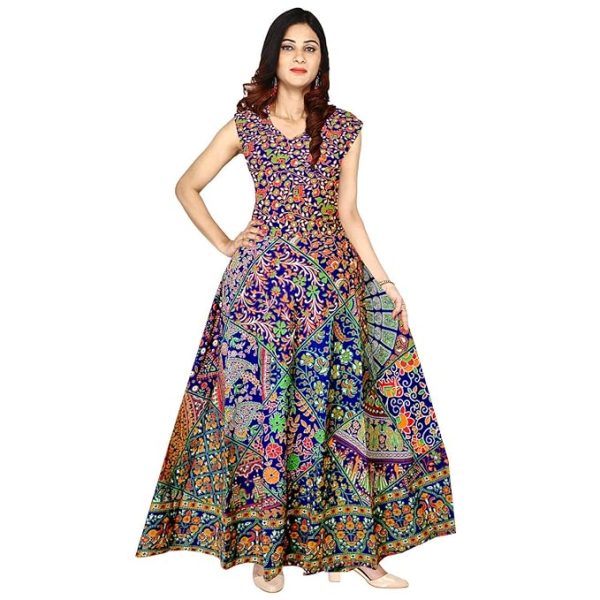 Jaipur Women's Stitched POM POM Casual Cotton Long Maxi Dress - Blue Multicolour by Aditya Impex