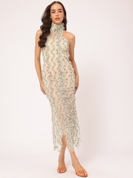 Modern Vintage Ruffle Trims Sheer Net Backless Midi Dress by DressBerry