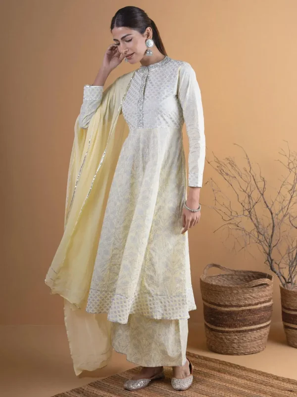 Yellow Printed Cotton A-Line Kurta With Palazzos & Dupatta