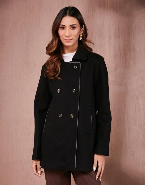 Black Wool Thigh Length Jacket