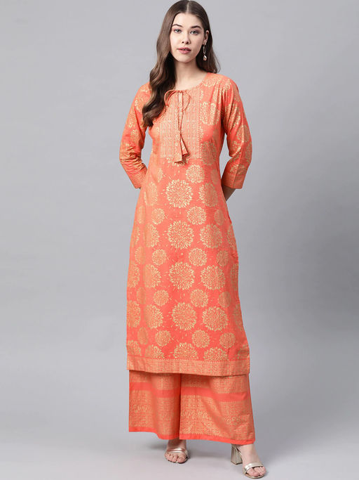 Women Coral Orange & Golden Printed Pure Cotton Kurta with Palazzo by Meeranshi