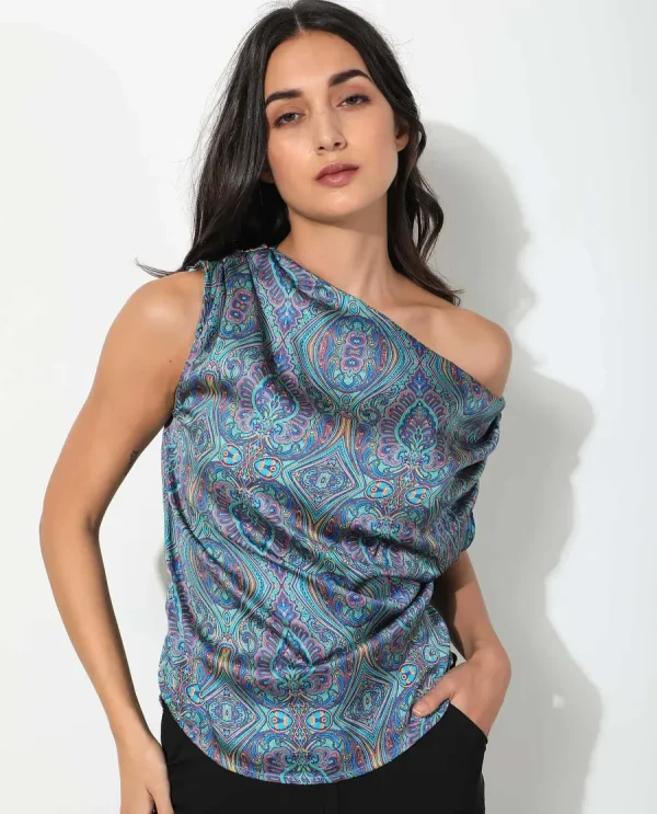 Asymmetrical Neck Sleeveless Top Sydney - Blue