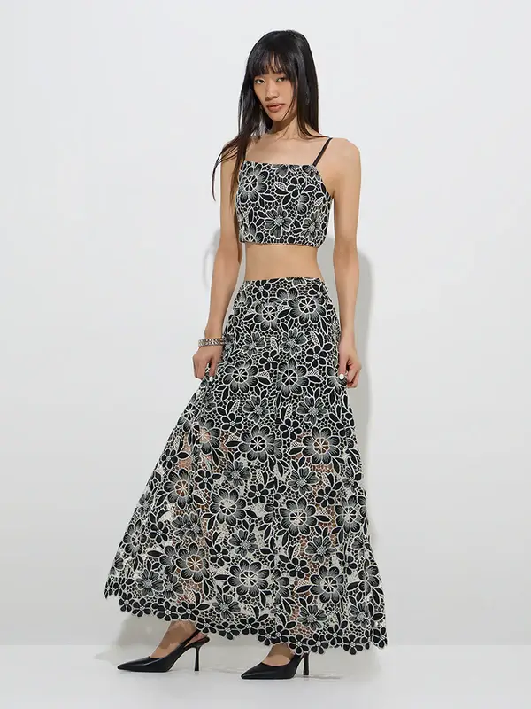 Black Floral Lace Embroidered Ethnic Skirt by Vark