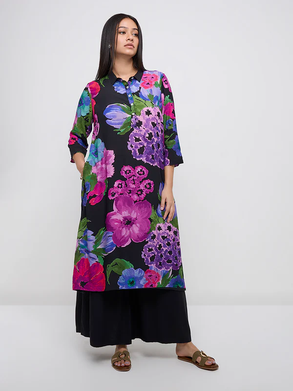 Black Floral Printed A-Line Kurta by Diza