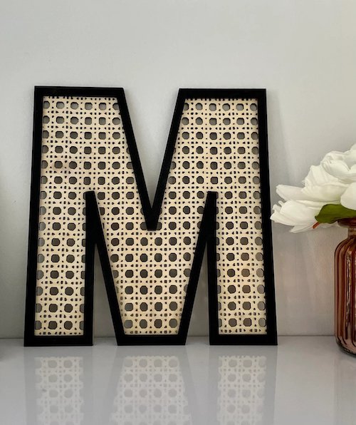 Carved MDF Wood, Rattan Lettering Wall Sculpture (Customisable Alphabet, Size and Color)