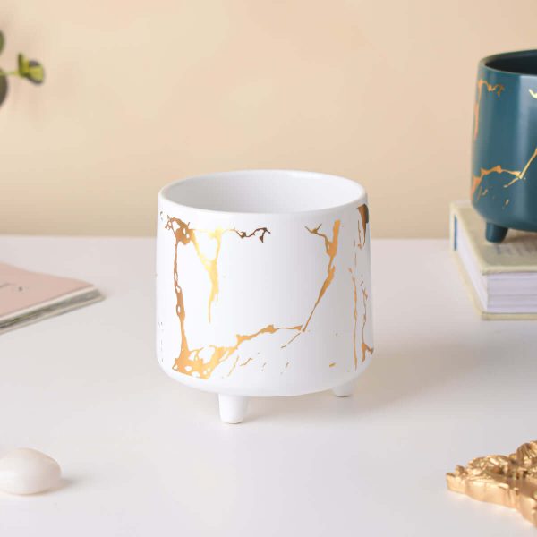 Ceramic Planter with Legs, White and Gold Marble Design