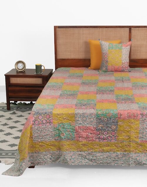 Cotton, Embroidered Bedcover made with patchwork quilting technique, Humza