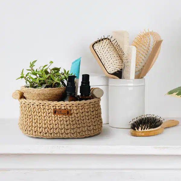 Cotton Yarn Basket with Wood Handle