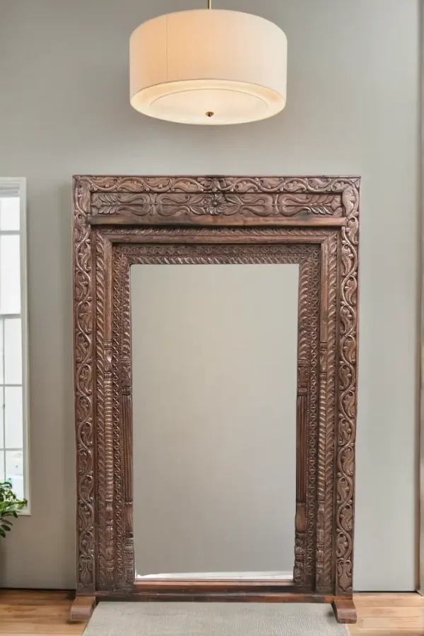 Mango Wood Antique Style Floor Mirror, The Sahadeva