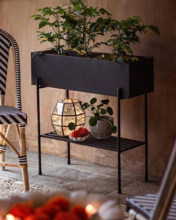 Metal, Powder-Coated Planter Box with built-in Shelf in Black, Rhonda