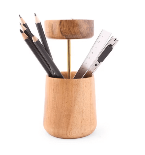 Metal and Wood Two-Tier Pen Stand