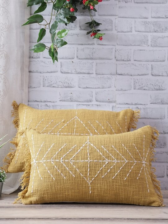 Mustard rectangle cushion covers with white Geometric Design embroidery, Set of 2 by Eyda