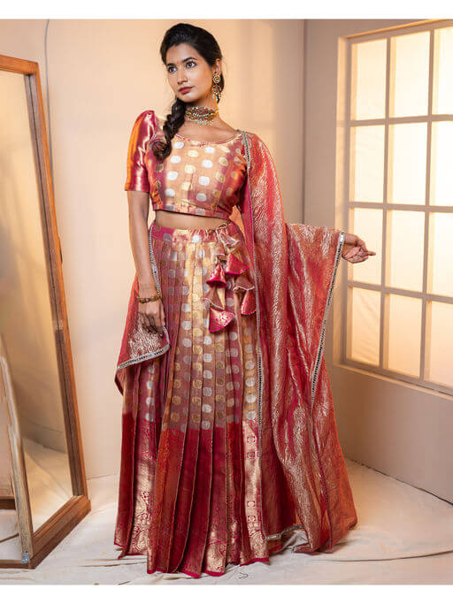 Pink And Gold Border Organza Lehenga With Blouse & Dupatta (Set of 3) by Vinya