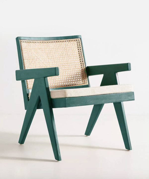 Reclaimed Teak Wood, Rattan Chair with Linen-Upholstered Cushion, Emerald