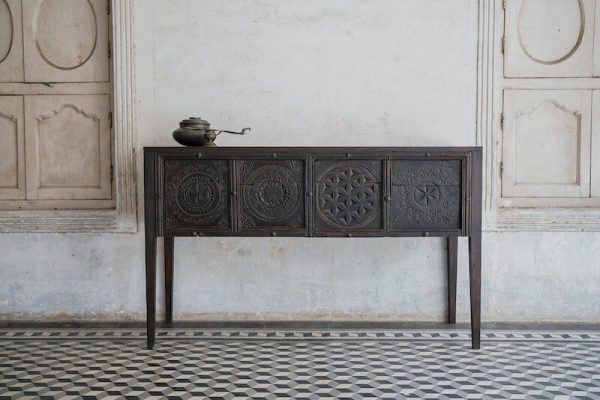 Solid Teak Wood with Tel Pain and Wax Polish Console Table with Carved Doors, Bastar