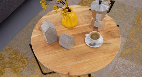 Solid Wood Side Table with Black metal legs, Finebuy