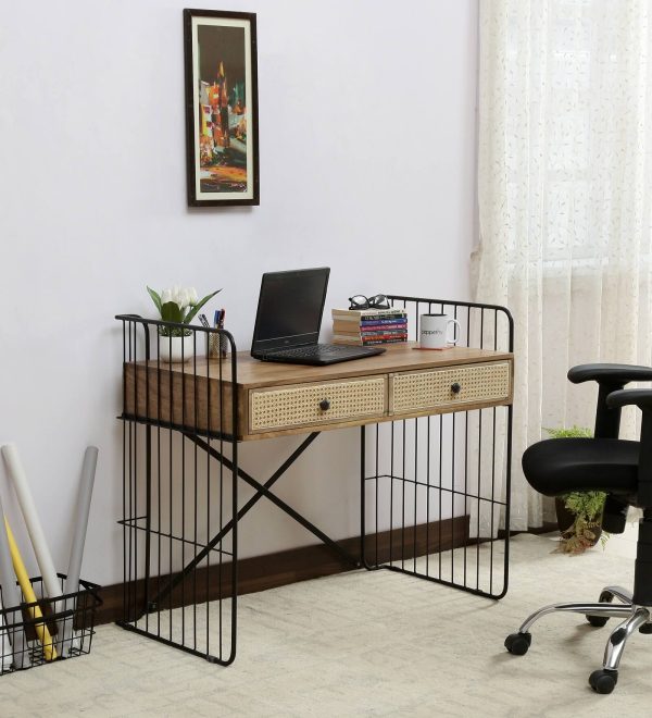 Wood Study Table in Wicket with Black Cage-Like Base