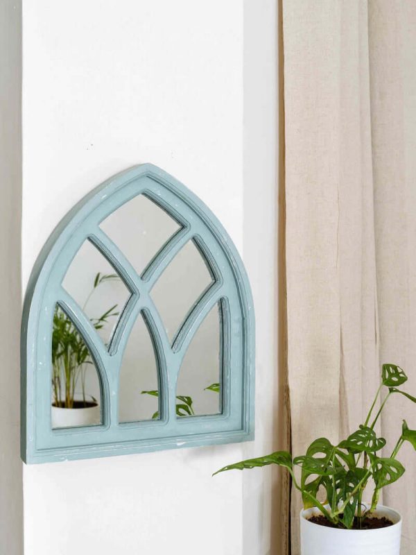 Wooden Triangular Mirror in Nile Blue, Handmade and Hand-Painted