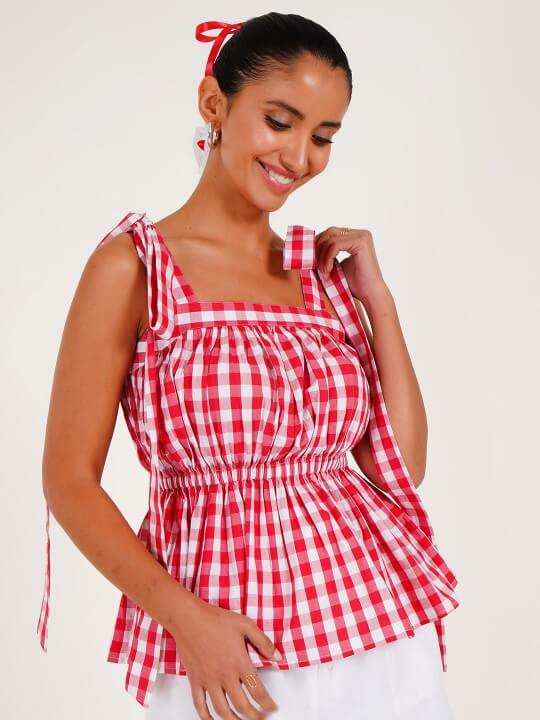 Checked Square Neck Cotton Peplum Top by Western Era