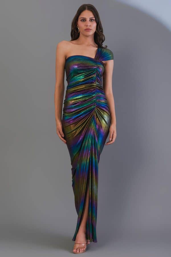 Holograph Iridescent One-Shoulder Gown by Cham Cham