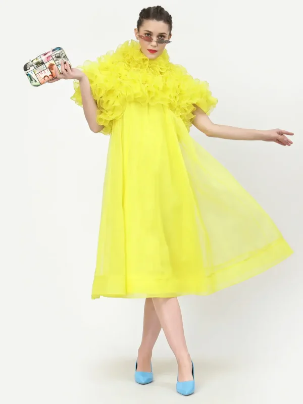 Neon Yellow Organza Dress With Frill Cape Collar