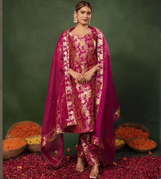 Barbie Pink Banarasi Straight Suit Set by Calmna