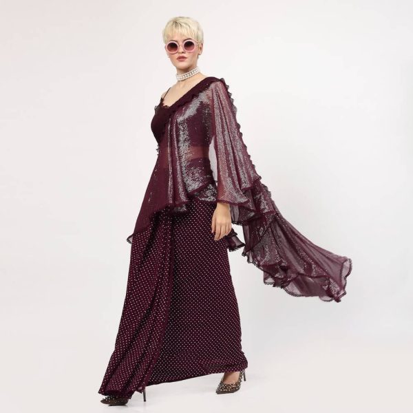 Purple Georgette Saree With Silver Dots And Lurex Frill