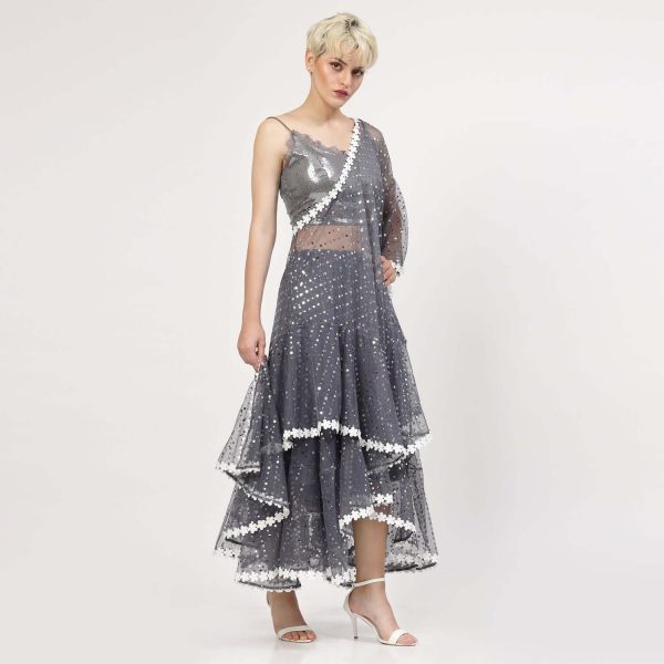 Stone Blue Net Sequins Saree With Flower Lace