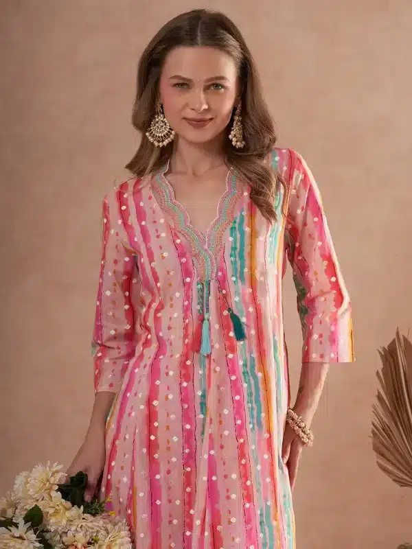 Ethnic Foil Stripes Printed A-Line Paneled Kurta with Pant - Multi