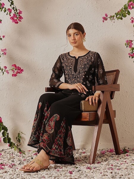 Ethnic Motifs Embroidered Flared Georgette Ethnic Chikankari Palazzo by Ada