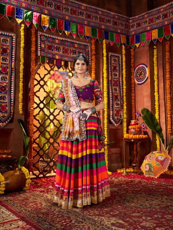Multicolor Cotton Blend Printed with Mirror Work Semi-Stitched Lehenga by Odette