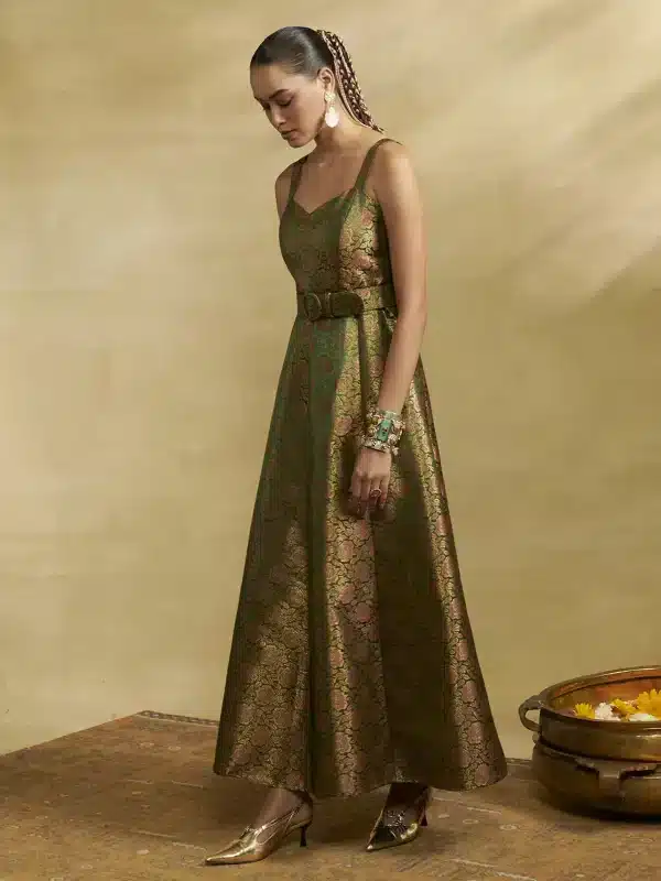 Olive Green Tarang Festive Brocade Long Dress