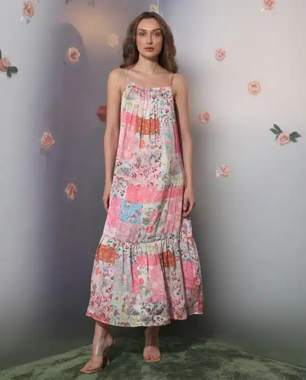 Polyester, Floral Patch Print Long Dress with Adjustable Straps, Katie in Multicolour