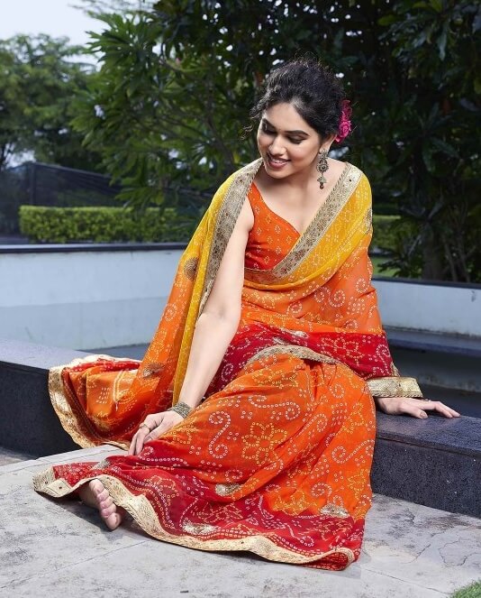 Red & Yellow Poly Georgette Embroidered Bandhani Saree by Kalini