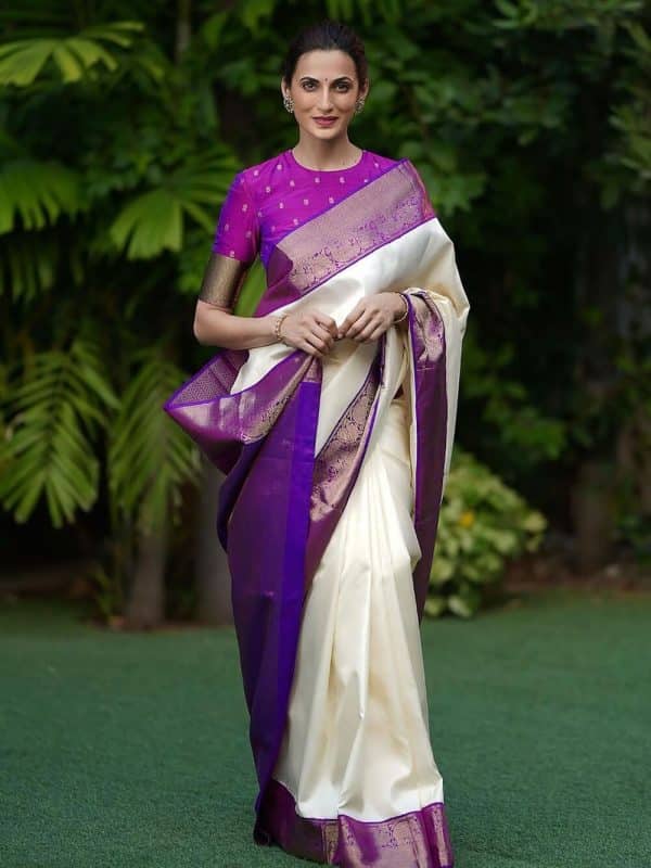 White Woven Designer Banarasi Silk Kanjivaram Saree with Unstitched Blouse by Anjaneya Sarees
