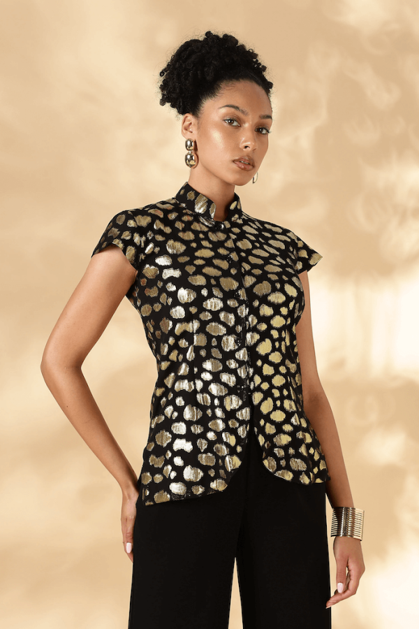 Black & Gold 100% Silk Jacquard Georgette Cheongsam Style Top (Upcycled Saree Fabric)