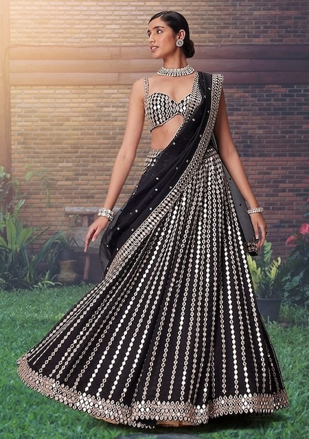Black Zari Embroidered Banglori Silk Lehenga Set