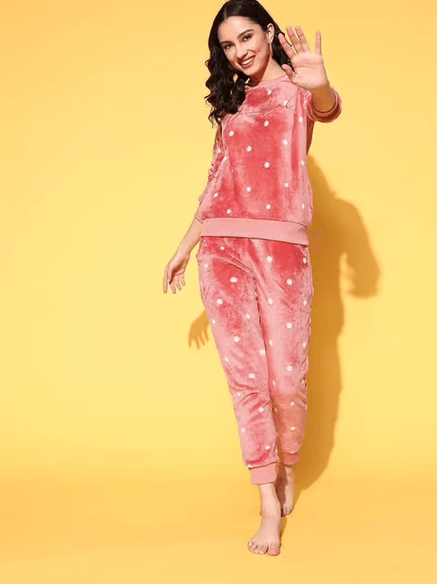 Dreams Rose Pink Polka Dots Night Track Suit by Sweet Dreams