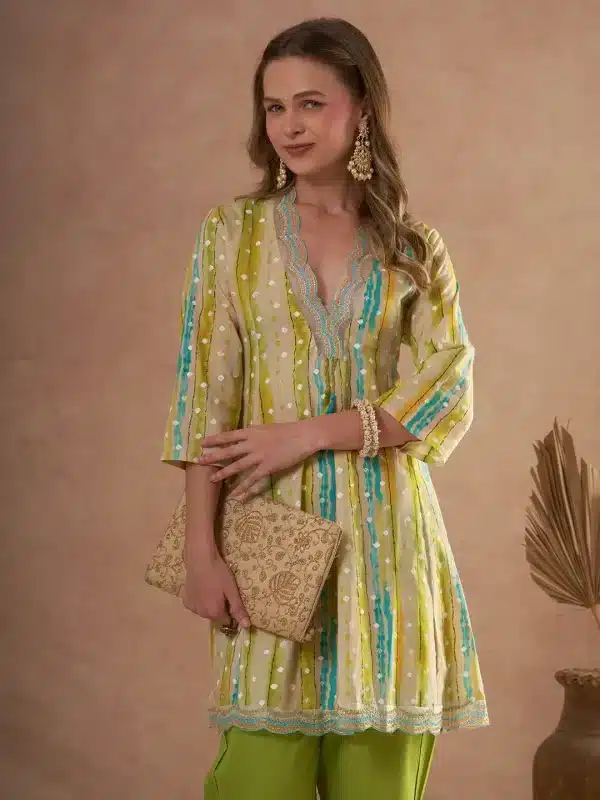 Ethnic Foil Stripes Printed A-Line Paneled Kurta with Pant - Multi