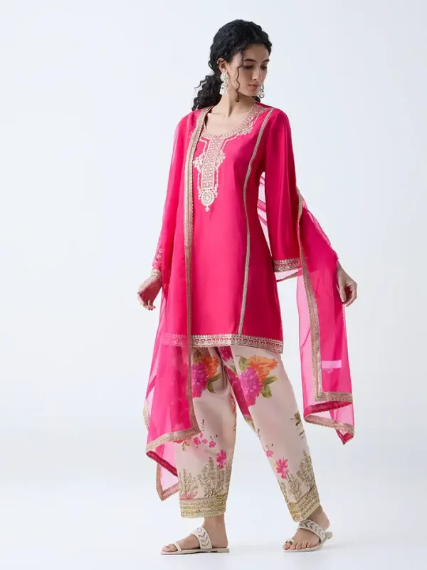 Fuchsia Embellished A-Line Ethnic Set by Vark