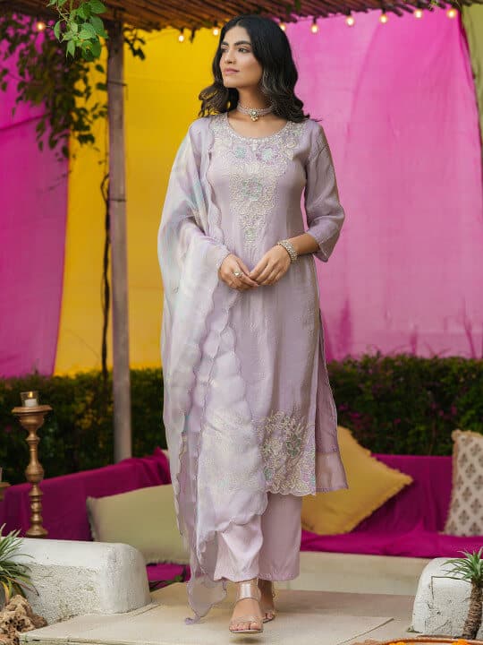 Lavender Shimmer Tissue Floral Embroidered Straight Suit Set by Scakhi