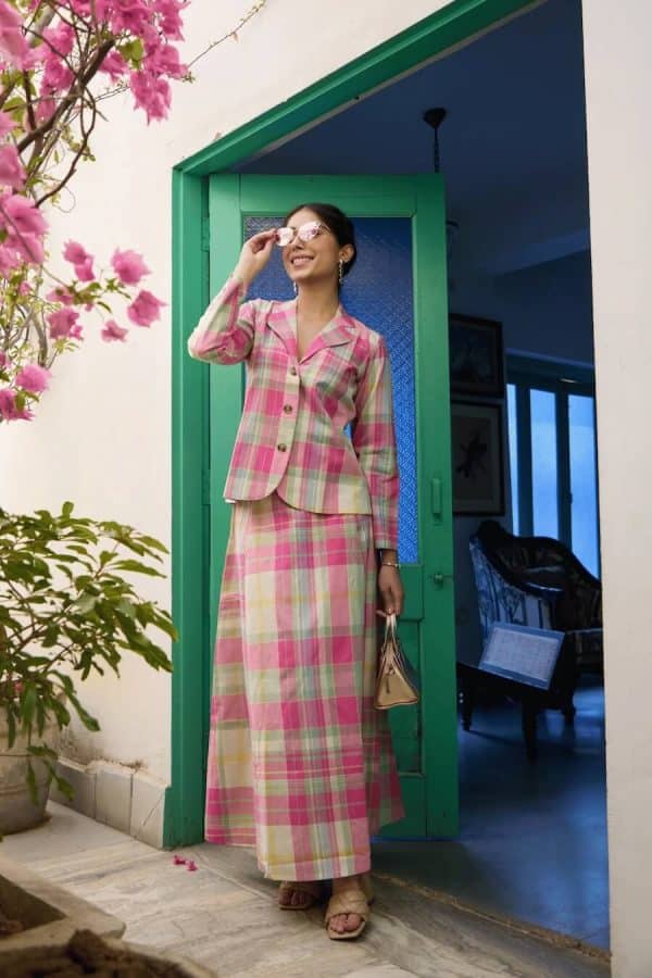 Pink & Mint Green Madras Cotton Checks Jacket & Skirt