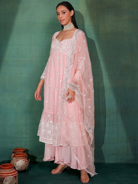 Floral Embroidered Sweetheart Neck Straight Kurta With Palazzos And Dupatta by SEW